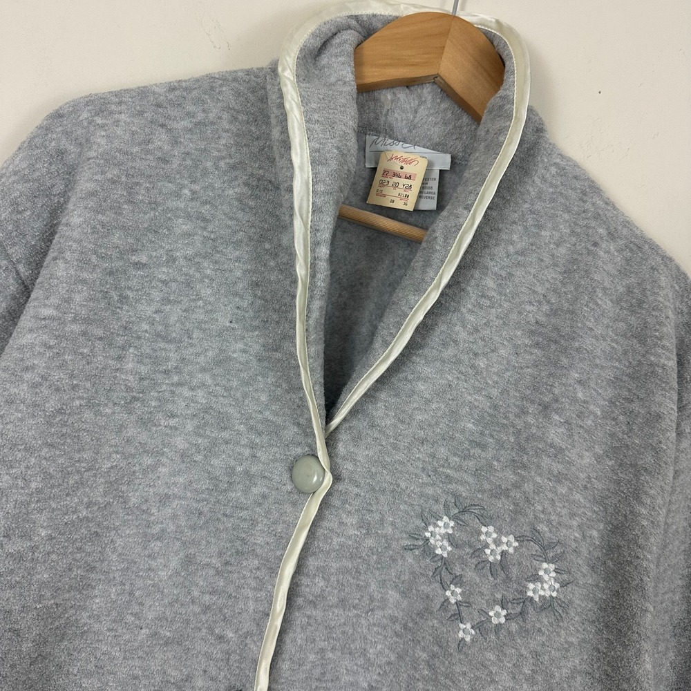 Miss Elaine True VTG 90s Cardigan Sweater Gray Floral Embroidered Button Women L